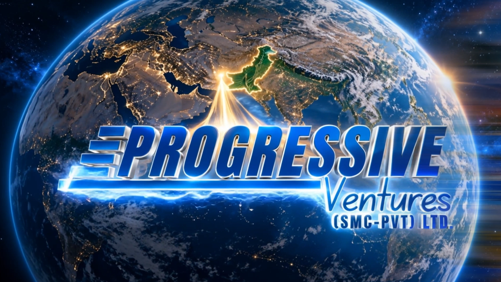 Progressive Ventures logo over a globe with Pakistan highlighted